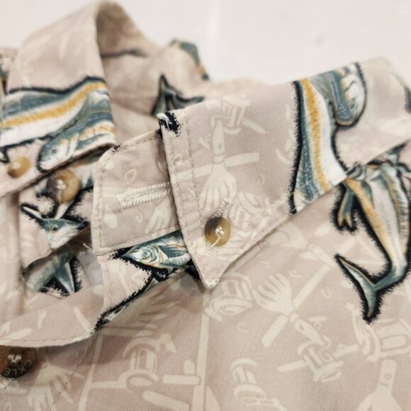 Hook Tackle Hawaiian Shirt Mens XL Cream All Over Fish Print 100% Cotton Beach - Picture 4 of 12